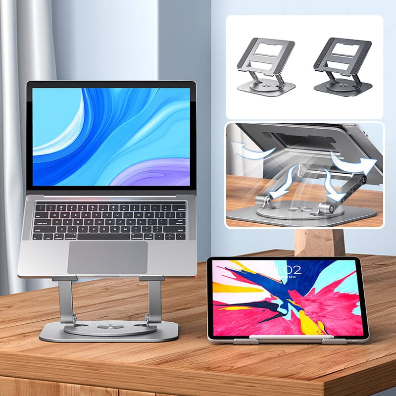 Fully rotatable laptop stand positioned on a modern workspace desk setup.