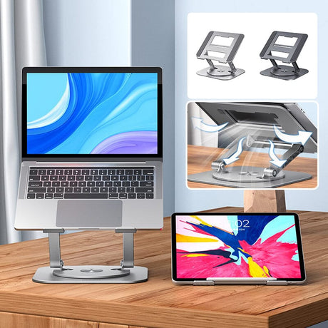 Fully rotatable laptop stand positioned on a modern workspace desk setup.