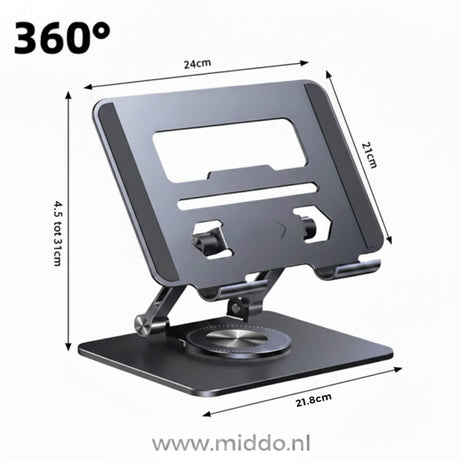 Full 360-degree rotating laptop stand with stable base and adjustable height.