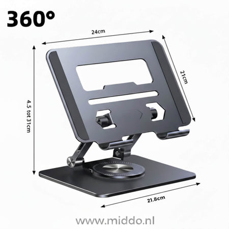 Full 360-degree rotating laptop stand with stable base and adjustable height.