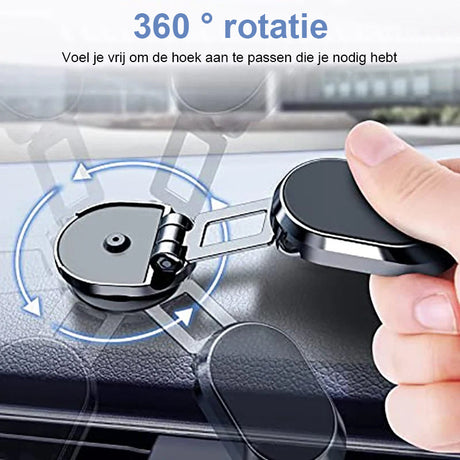 Magnetic phone holder with 360-degree rotation, shown tilted to landscape and portrait angles.