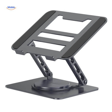 360-degree laptop stand in dark grey aluminum with adjustable viewing angle.