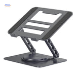 360-degree laptop stand in dark grey aluminum with adjustable viewing angle.