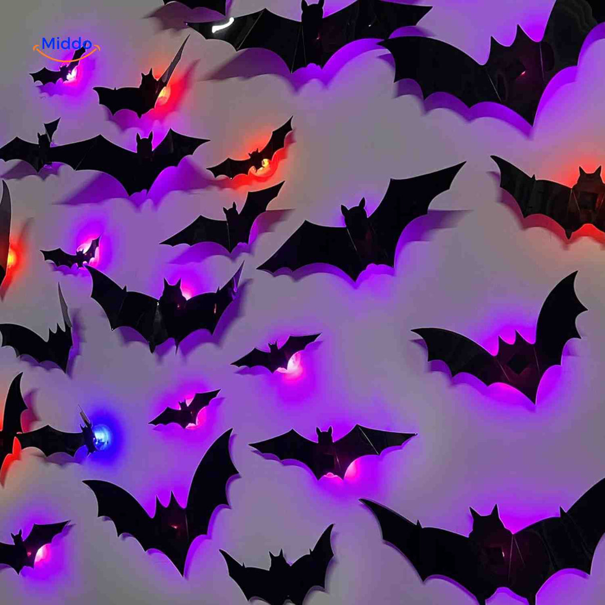 3D LED bat light with decorative Halloween wall installation.