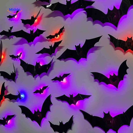 3D LED bat light with decorative Halloween wall installation.