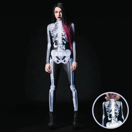 3D skeleton bodysuit with realistic rib bone detail and eerie Halloween costume design.