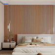 3D self-adhesive wood slat wall panels installed as a full natural-grain feature wall.