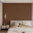 3D self-adhesive wood slat wall panels installed as a full natural-grain feature wall.