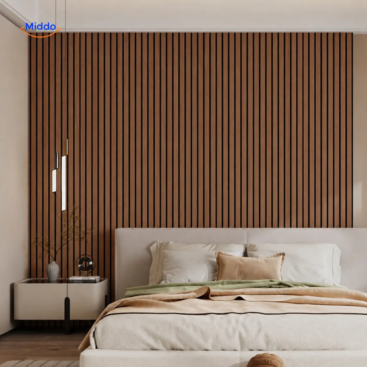 3D self-adhesive wood slat wall panels installed as a full natural-grain feature wall.
