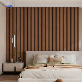 3D self-adhesive wood slat wall panels installed as a full natural-grain feature wall.
