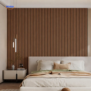 3D self-adhesive wood slat wall panels installed as a full natural-grain feature wall.