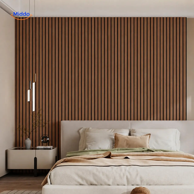 3D self-adhesive wood slat wall panels installed as a full natural-grain feature wall.