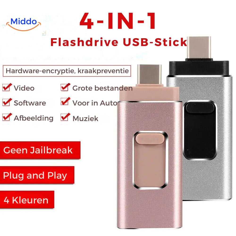 Multiple color options available for the 4-in-1 flash drive with universal connectivity.