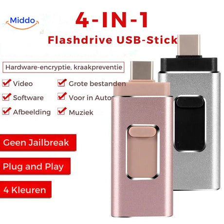 Multiple color options available for the 4-in-1 flash drive with universal connectivity.