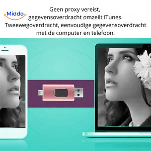 Easy file transfer with 4-in-1 flash drive connecting USB-C, Lightning, and USB-A ports.