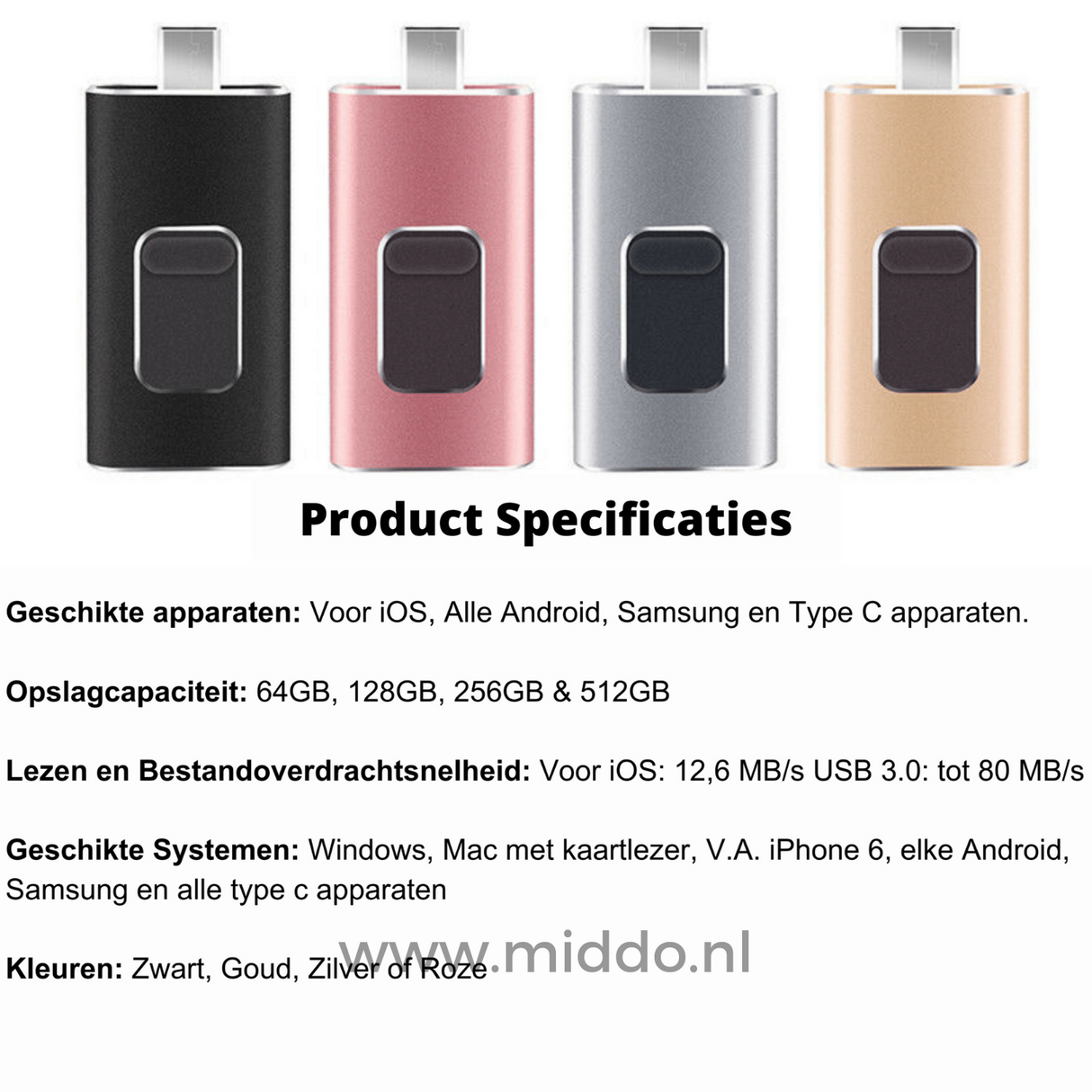Universal 4-in-1 flash drive works seamlessly with phones, tablets, and computers.