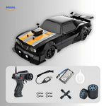 4WD drift RC car in black and yellow shown alongside the complete accessory set