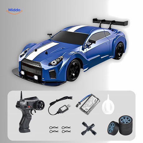 4WD drift RC car in blue shown with all included accessories