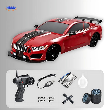 4WD drift RC car in red displayed with all included accessories laid out
