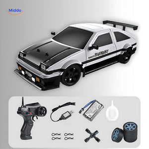 4WD drift RC car in white displayed with the full set of included accessories