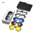 5-in-1 magnetic sunglasses set with interchangeable lenses and protective carrying case.