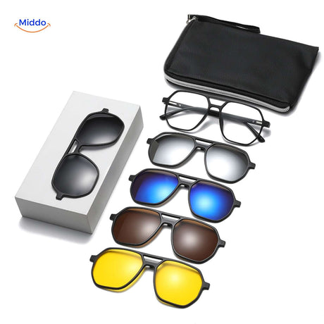 5-in-1 magnetic sunglasses set with interchangeable lenses and protective carrying case.