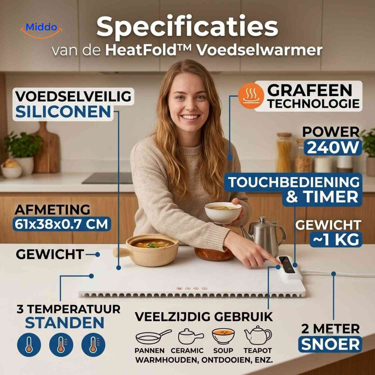HeatFold food warmer specifications with touch controls and timer