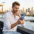 MagniBeat white speaker attached to a smartphone