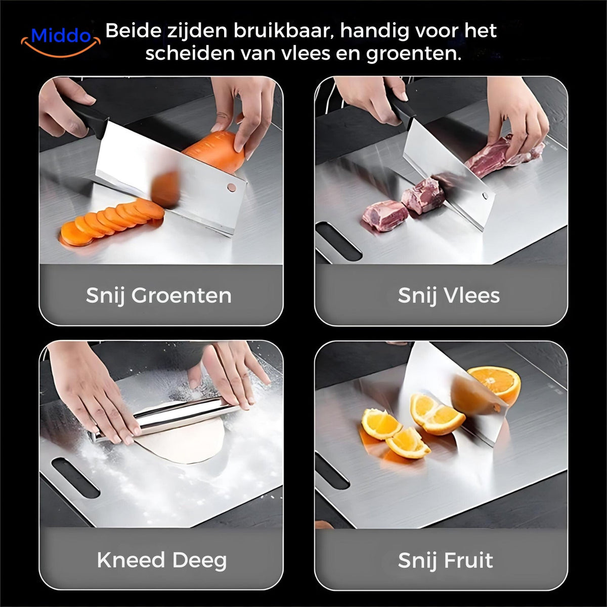 Cutting different foods on the SafeCut cutting board