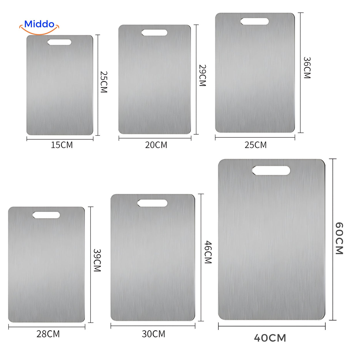 Six SafeCut stainless steel cutting boards in multiple sizes from 15 by 25 to 40 by 60 cm