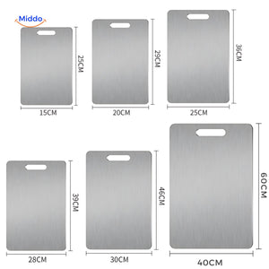 Six SafeCut stainless steel cutting boards in multiple sizes from 15 by 25 to 40 by 60 cm
