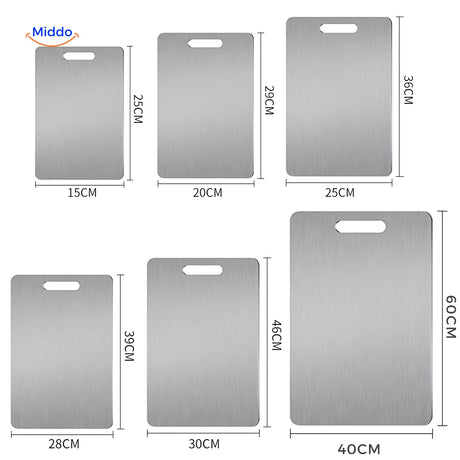 Six SafeCut stainless steel cutting boards in multiple sizes from 15 by 25 to 40 by 60 cm