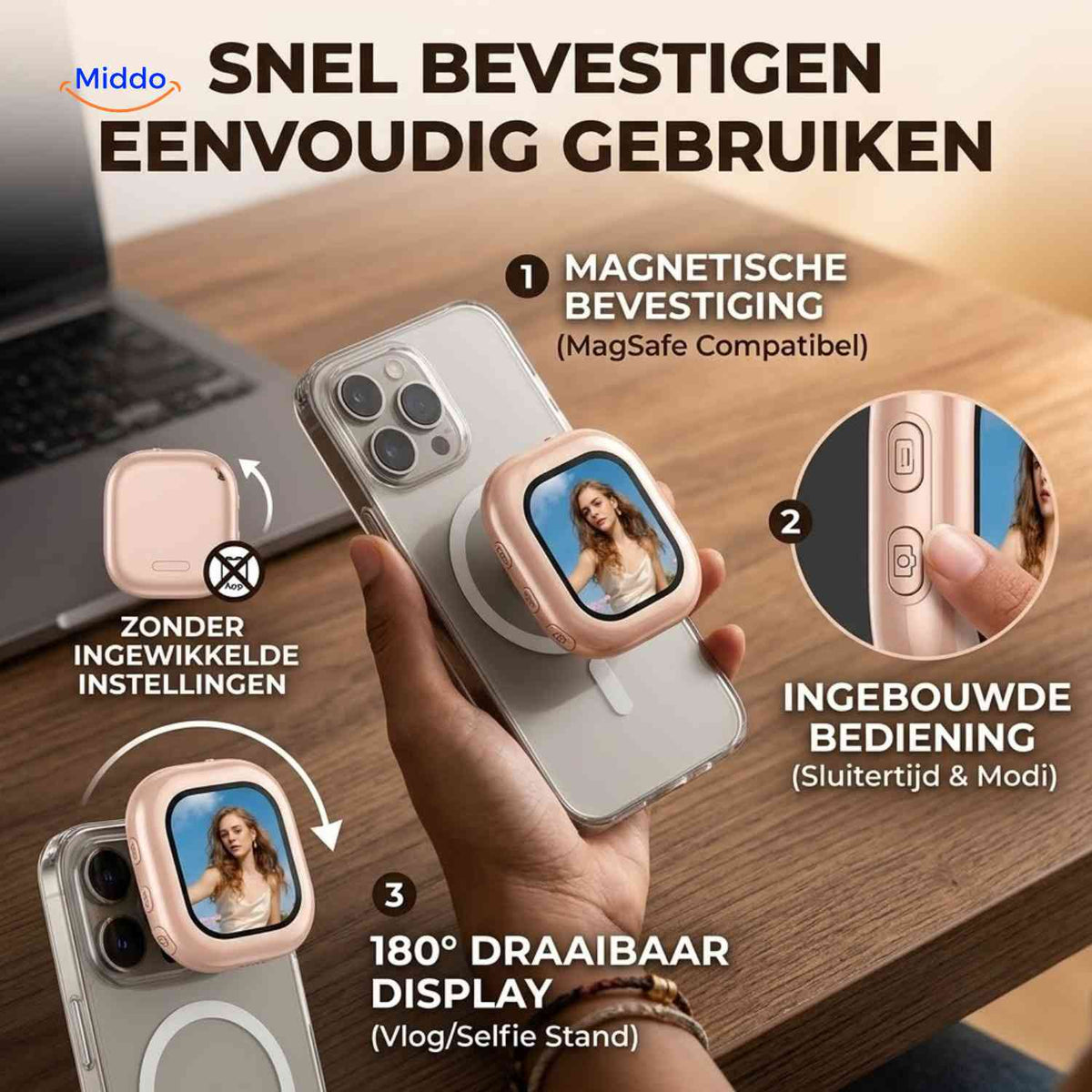 SnapView magnetic MagSafe-compatible selfie monitor with rotating mount