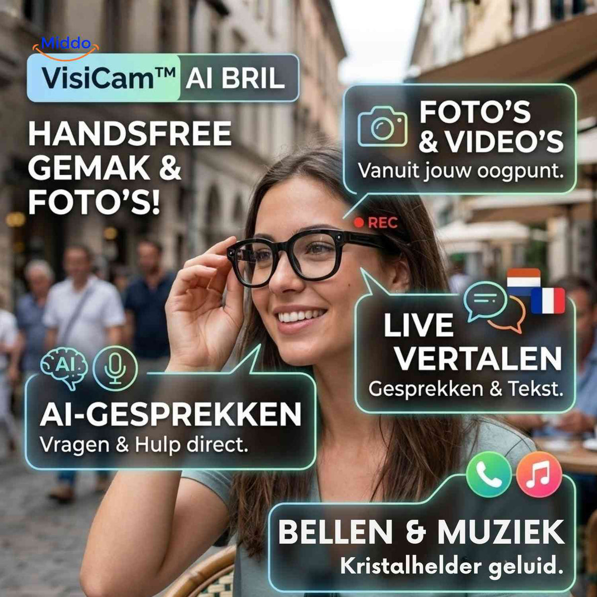 VisiCam AI glasses for hands-free photos, live translation, and AI assistance