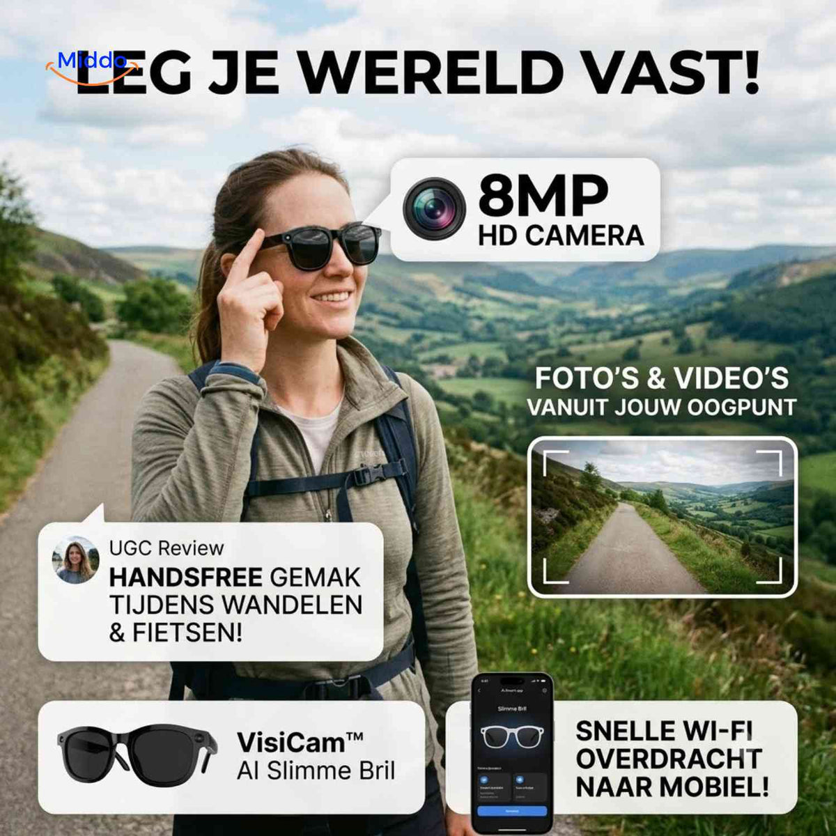 VisiCam POV camera glasses while walking with Wi-Fi transfer