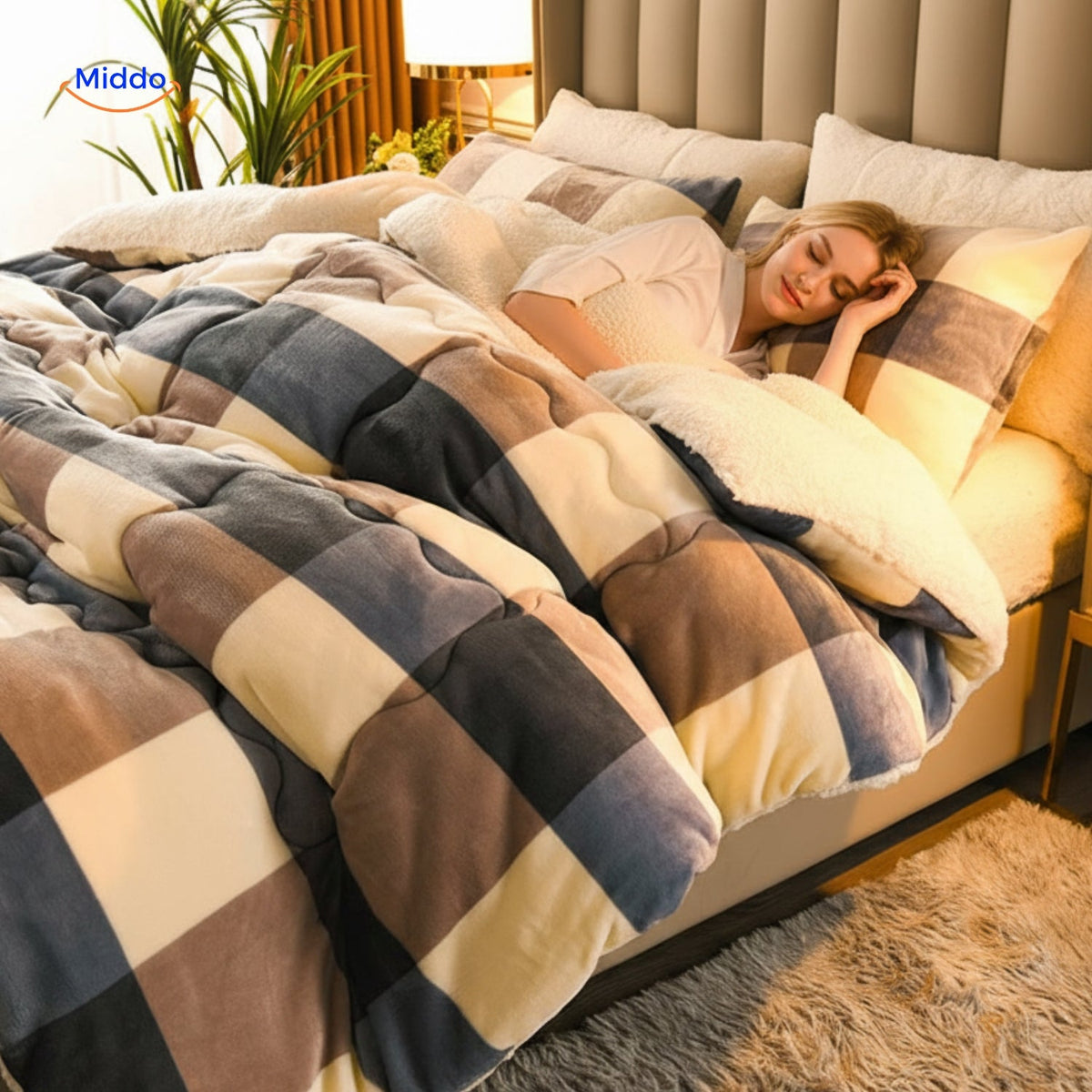 Warmora thick throw with sherpa and plaid pattern