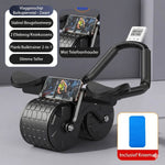 Black ab wheel with integrated timer for tracking workout duration and sets.