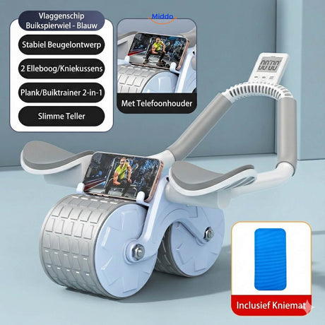 Blue ab wheel featuring built-in timer for structured abdominal workout sessions.