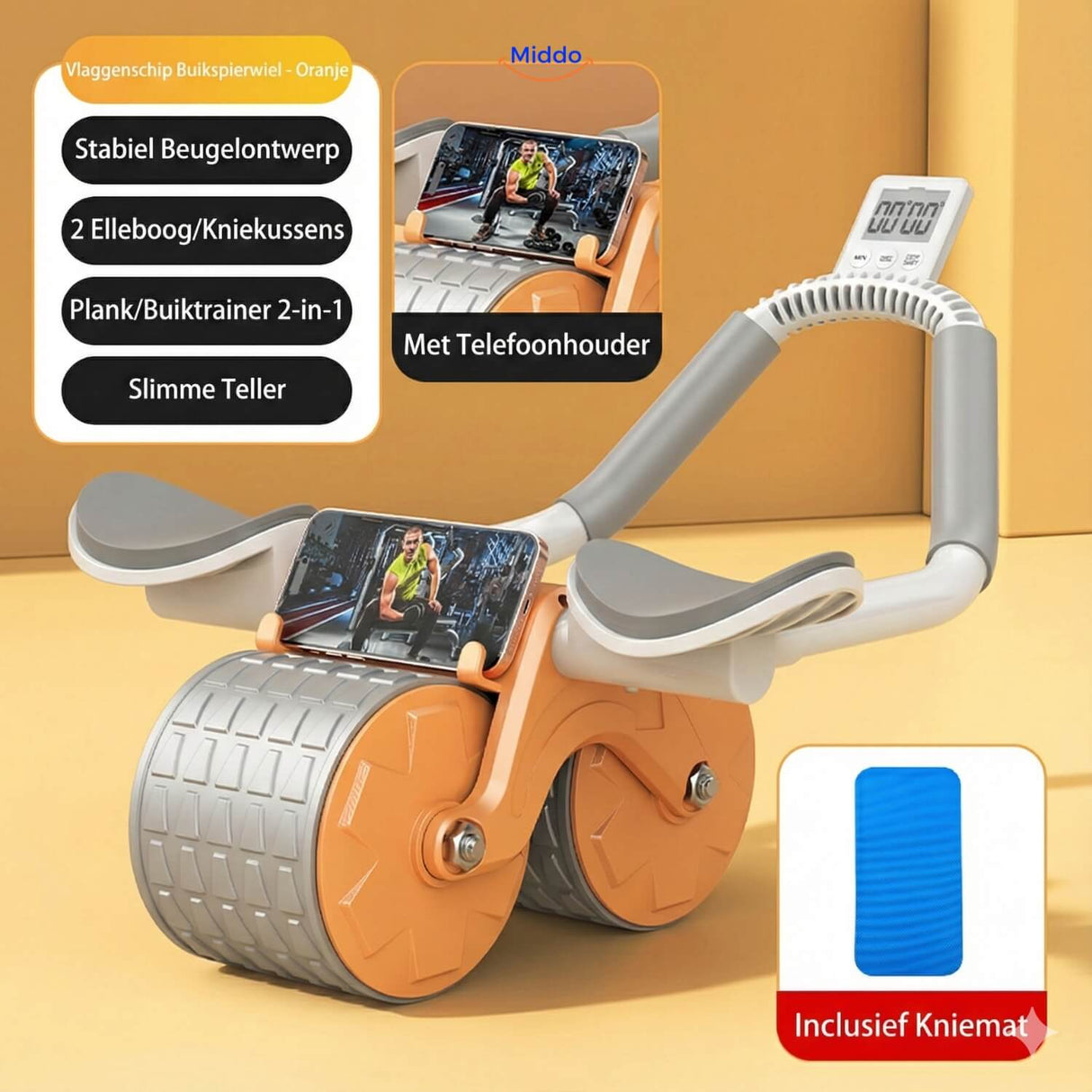 Orange ab wheel with integrated timer for monitoring ab and core workout performance.