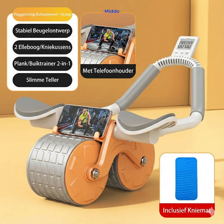 Orange ab wheel with integrated timer for monitoring ab and core workout performance.