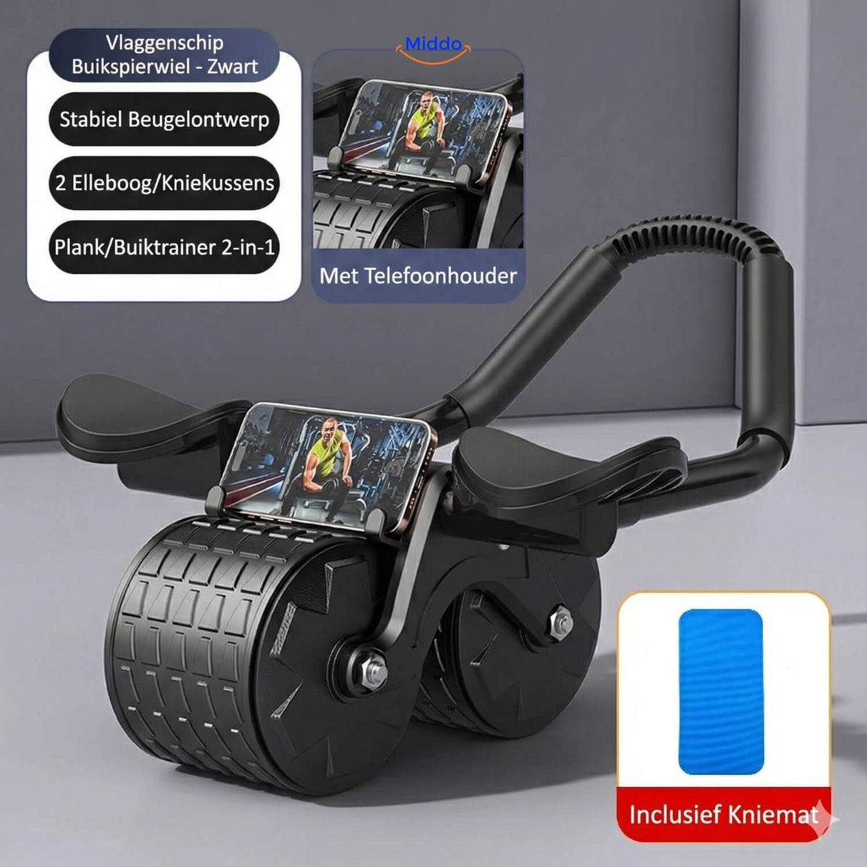 Black ab wheel core trainer with ergonomic grip handles for abdominal workouts.