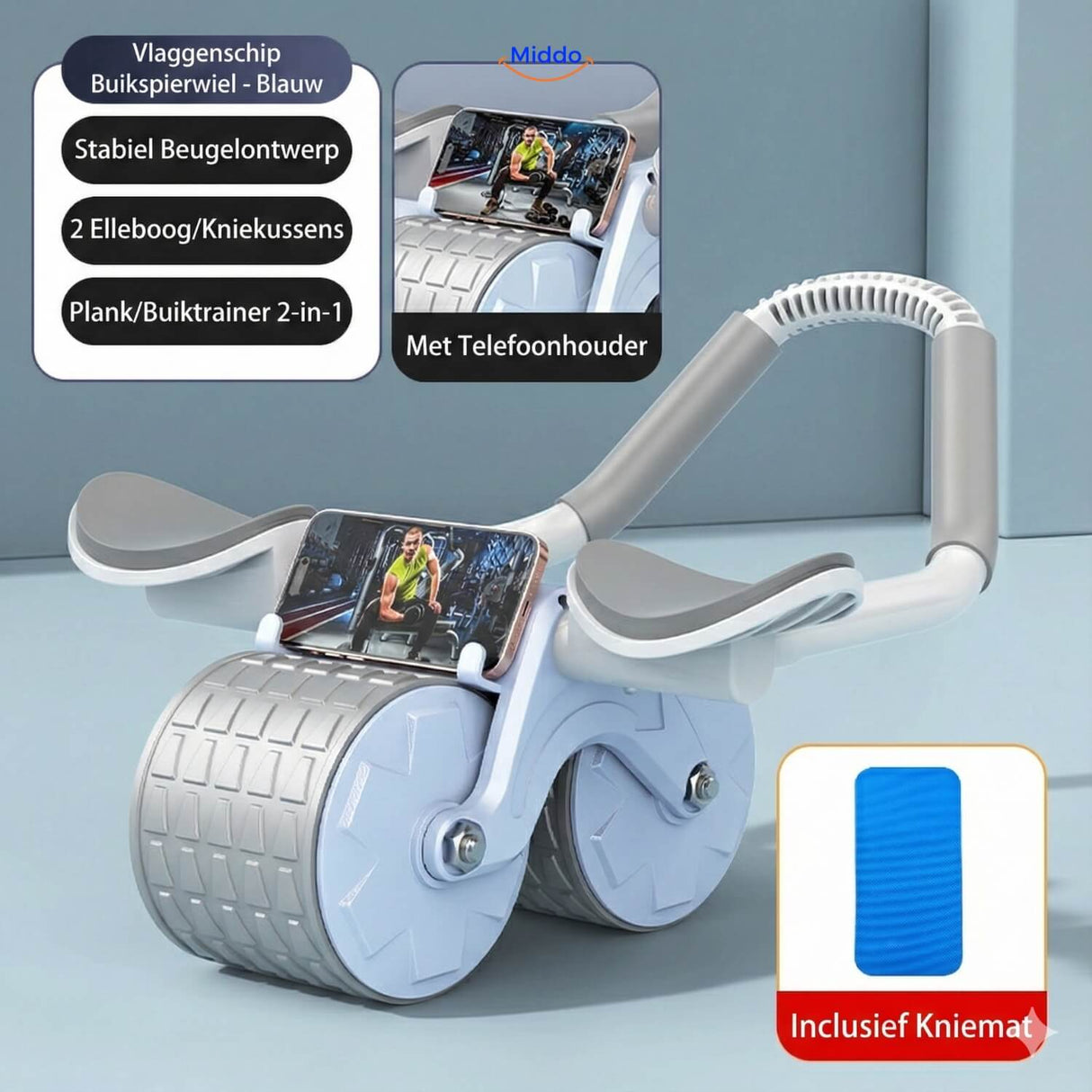 Blue ab wheel core trainer with comfortable grip for home fitness training.