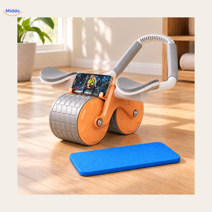Orange AbWheel Pro with free blue knee pad; phone not included – knee pad approx. 13.4 × 5.9 in