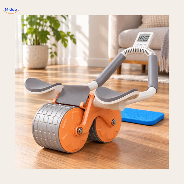 Orange AbWheel Pro with timer and compact knee pad in a living room – knee pad approx. 13.4 × 5.9 in