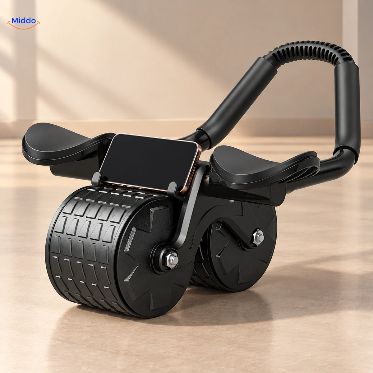 Black AbWheel Pro with elbow rests and phone holder; phone not included