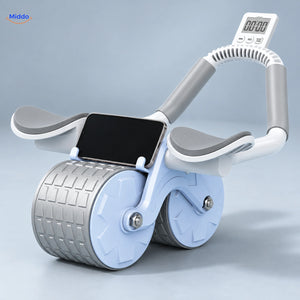 Blue AbWheel Pro with white digital timer on raised handle