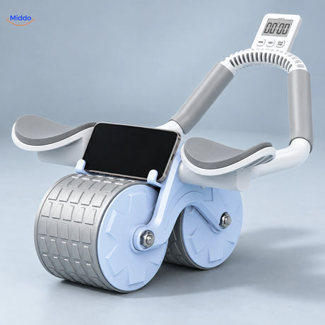 Blue AbWheel Pro with white digital timer on raised handle
