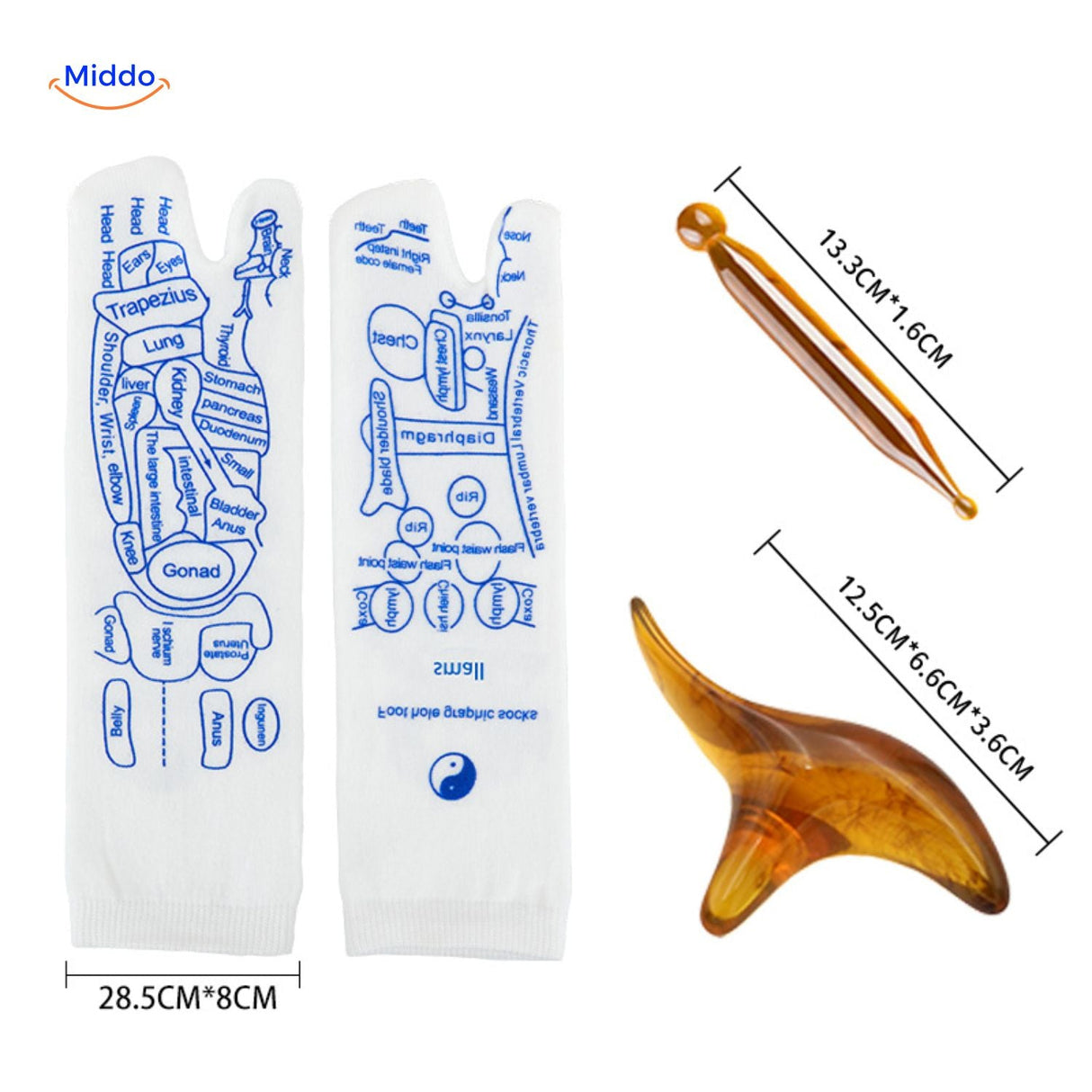 Acupoint acupressure socks paired with massage tools for enhanced therapy.
