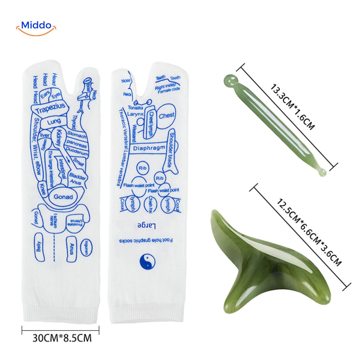 Acupoint socks with therapeutic massage tools and size options included.