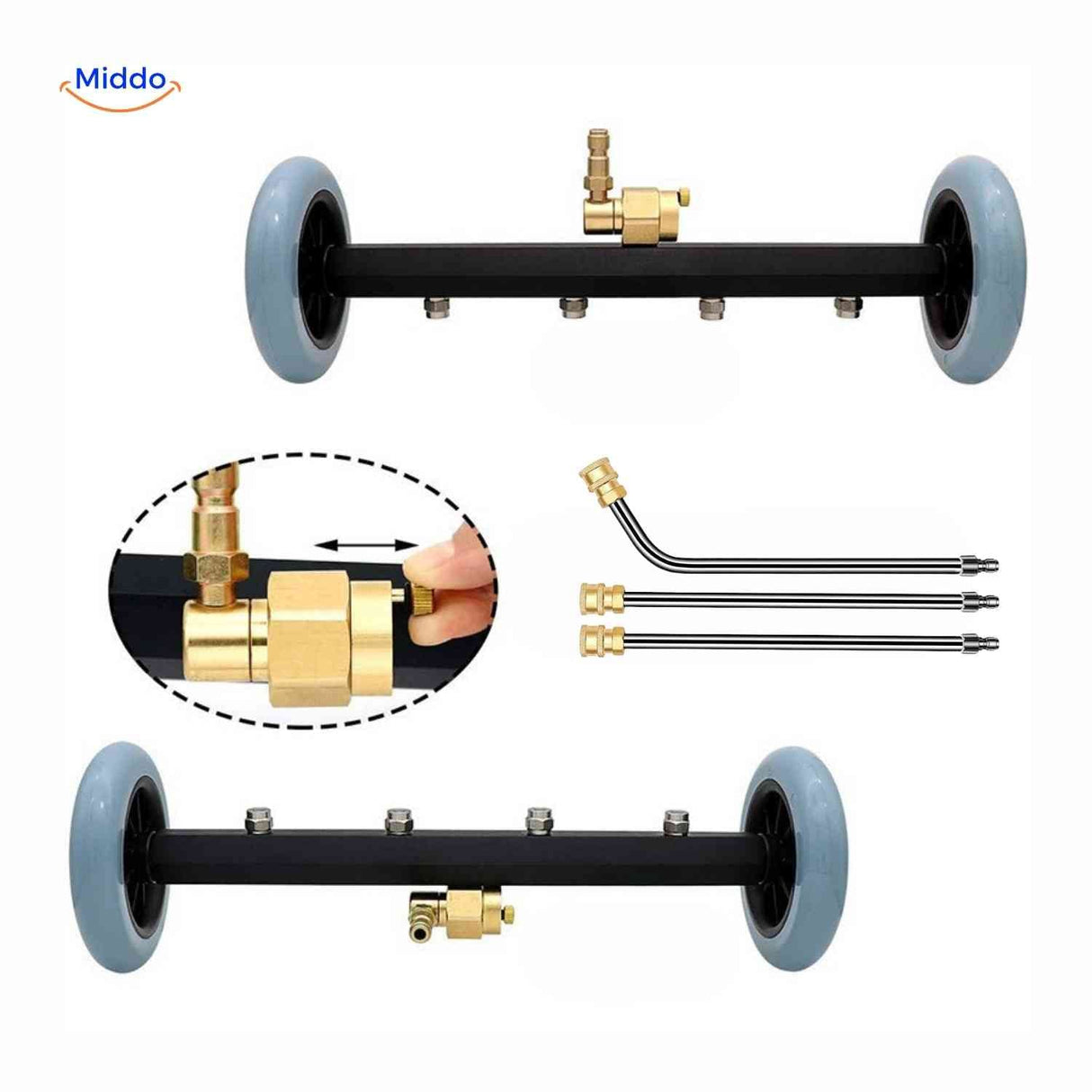Adjustable water jet nozzle with multiple spray angles for flexible cleaning.